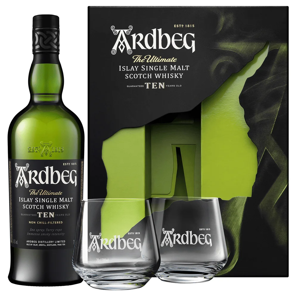 Škotski viski Ardbeg Ten + 2 čaše + GB 0,7 l