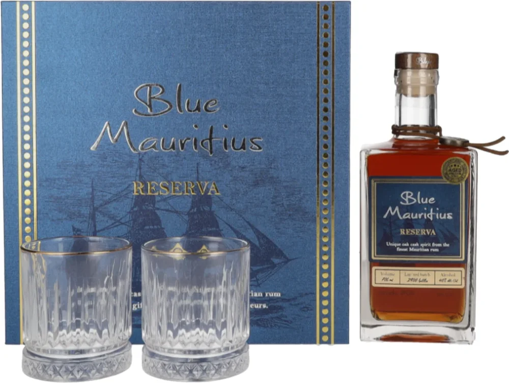 Rum Blue Mauritius Reserva + 2 čaše poklon kutija 0,7 L