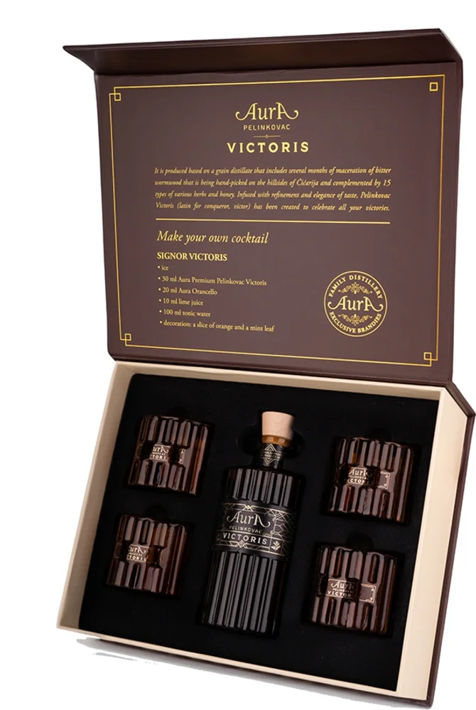 [DX5895] Poklon paket Grenčica Pelinkovac Victoris Aura + 4 čaše poklon kutija 0,5 L