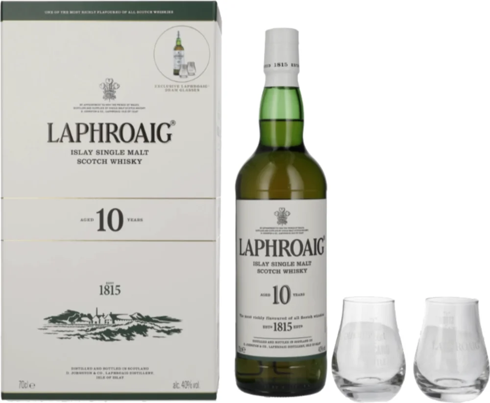 [DX6608] Škotski viski LAPHROAIG 10 Single malt + 2 čaše poklon kutija 0,7 L